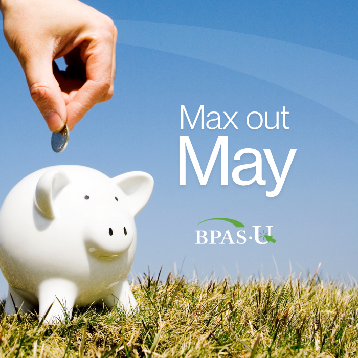 piggy bank in grass with text overlay "max out may"