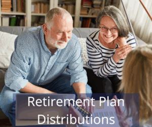 a man and woman smiling with calculator in hand. Text overlay: Retirement Plan Distributions