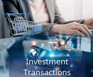 woman at a laptop with icons showing transaction such as password protection and shopping cart. Text overlay: Investment Transactions