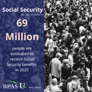 69 million people are estimated to receive Social Security benefits in 2025. The background features a crowded black-and-white image.
