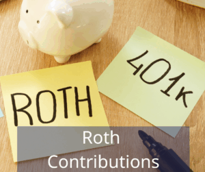 white piggy bank on a desk with sticky notes that read "ROTH" and "401(k). Text overlay: Roth contributions