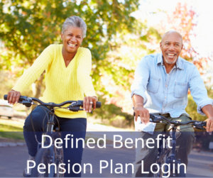 Two smiling older adults riding bicycles in a park, surrounded by trees with autumn leaves. Text overlay: "Defined Benefit Pension Plan Login."