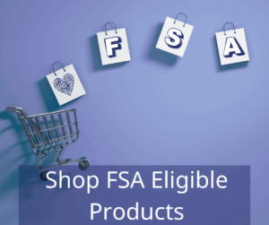 shopping cart and 4 shopping bags with the letter "F" "S" "A". Text overlay: Shop FSA Eligible Products