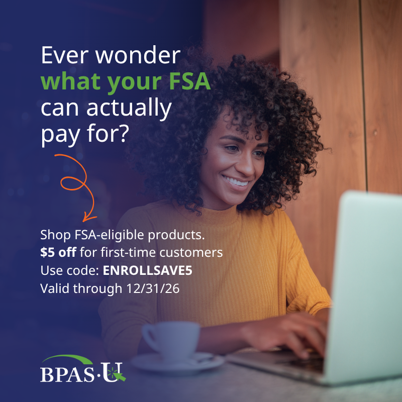Woman with curly hair using a laptop, text includes FSA info, promo details, and a code for discount.