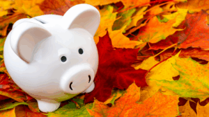 White piggy bank in fall-colored leaves