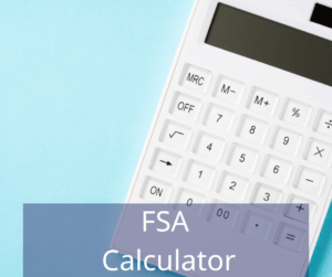 White calculator on a light blue background. Text reads FSA Calculator