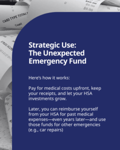 Text on a blue background: "Strategic Use: The Unexpected Emergency Fund. Here’s how it works: Pay for medical costs upfront, keep your receipts, and let your HSA investments grow. Later, you can reimburse yourself from your HSA for past medical expenses—even years later—and use those funds for other emergencies (e.g., car repairs)."