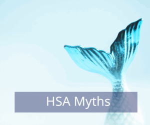A close-up of a blue mermaid tail against a light background, with the text "HSA Myths" in a purple box below it.