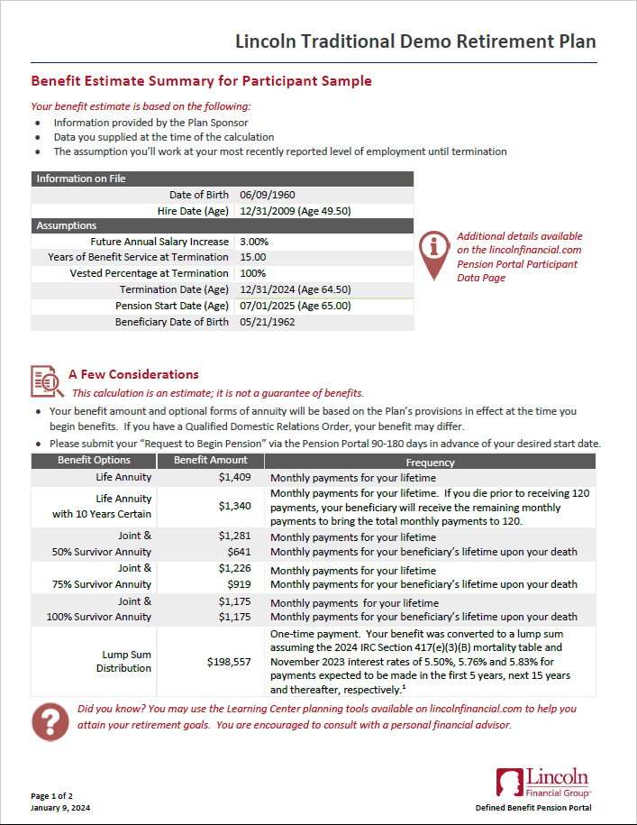 Here is a sample benefit estimate output.