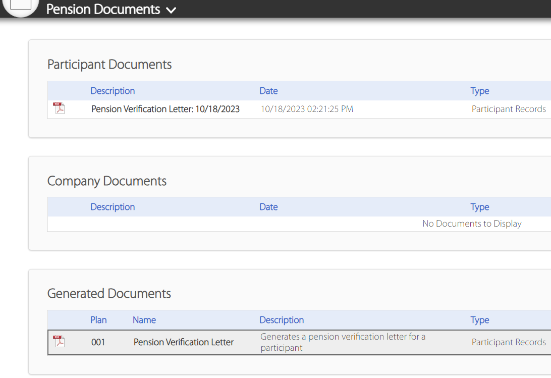 Here is the pension income verification letter location in the documents section of the portal.