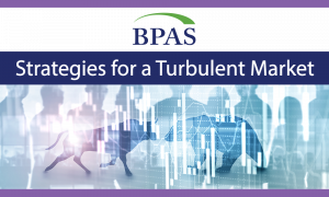 BPAS logo at the top, with the text "Strategies for a Turbulent Market" below. Background features silhouettes of people and bull and bear figures over a blue financial graph.