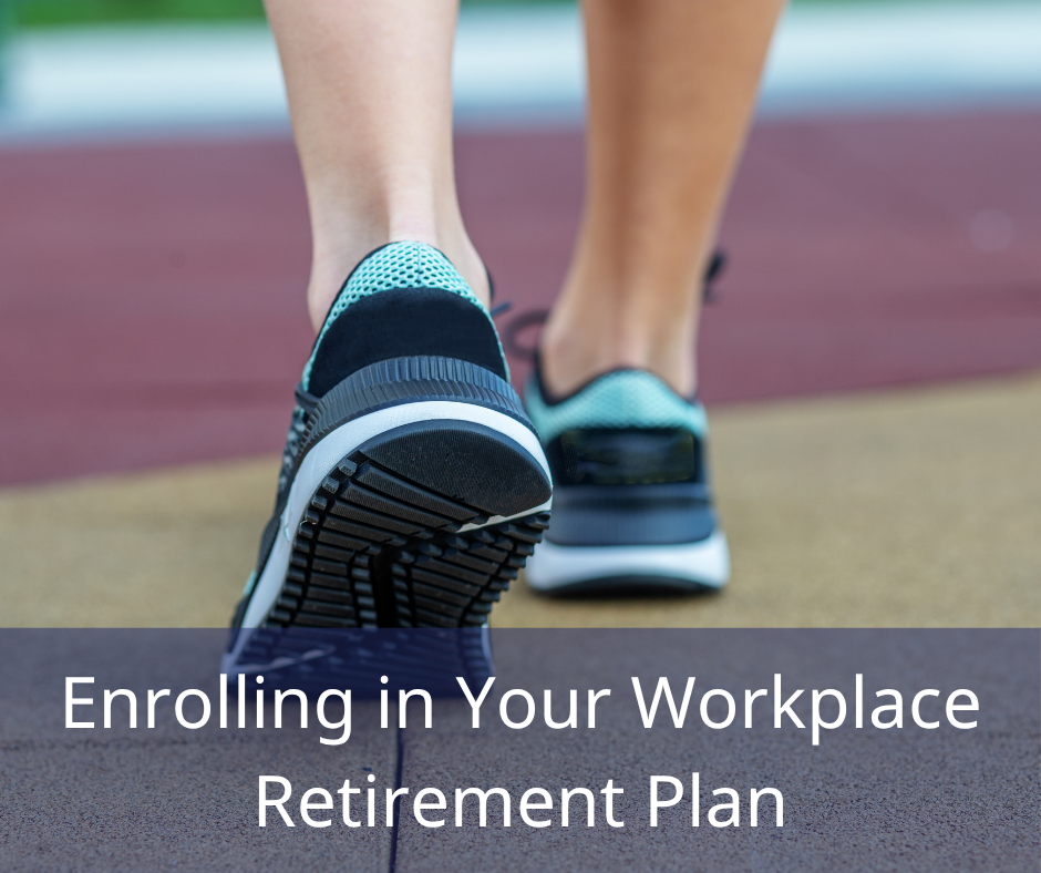A person walking in athletic shoes on a colorful surface, with the text "Enrolling in Your Workplace Retirement Plan" below.