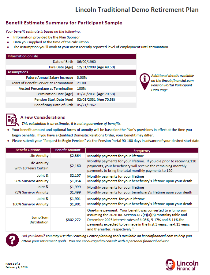 Here is a sample benefit estimate output.