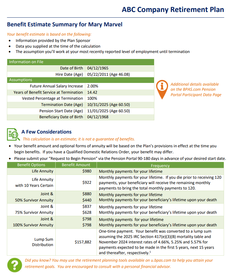 Here is a sample benefit estimate output.