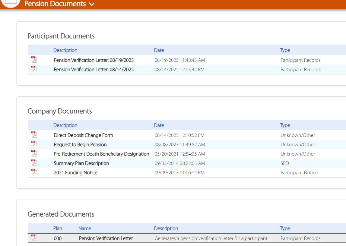 Here is the pension income verification letter location in the documents section of the portal.