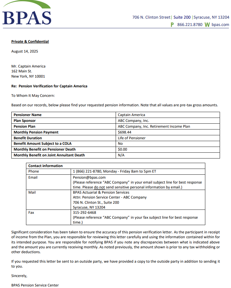 Here is a sample Pension Income Verification Letter output.