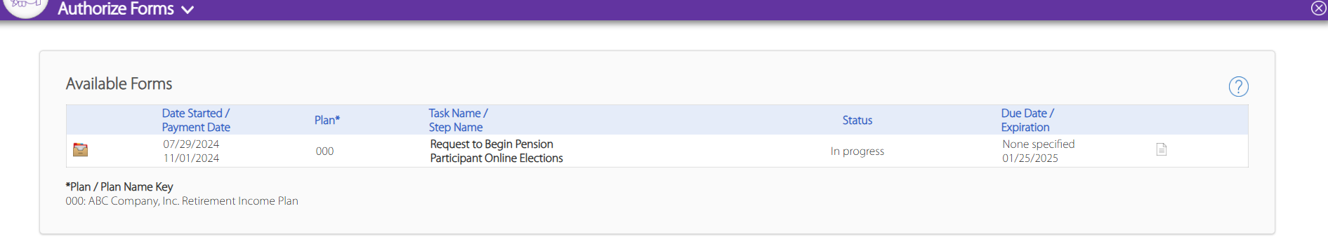 Here is the Authorize Forms screen.