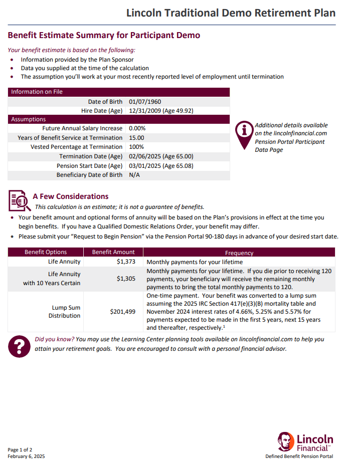 Here is a sample benefit estimate output.