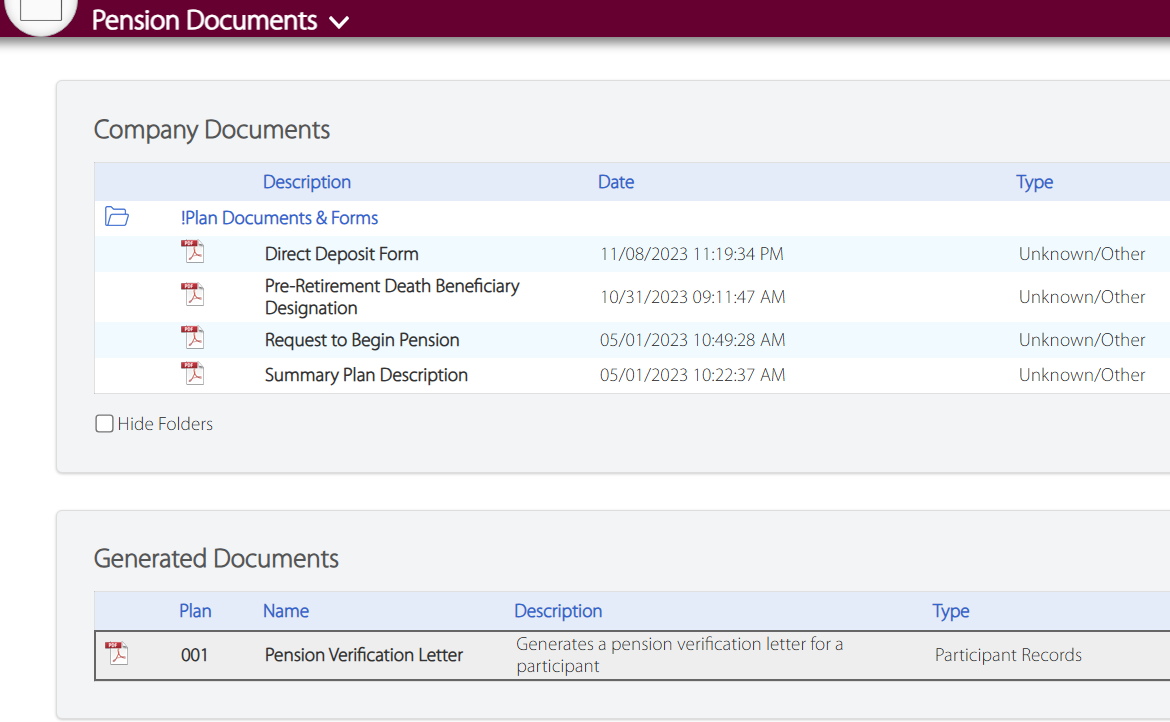 Here is the pension income verification letter location in the documents section of the portal.