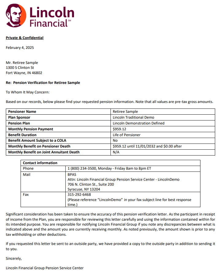 Here is a sample Pension Income Verification Letter output.