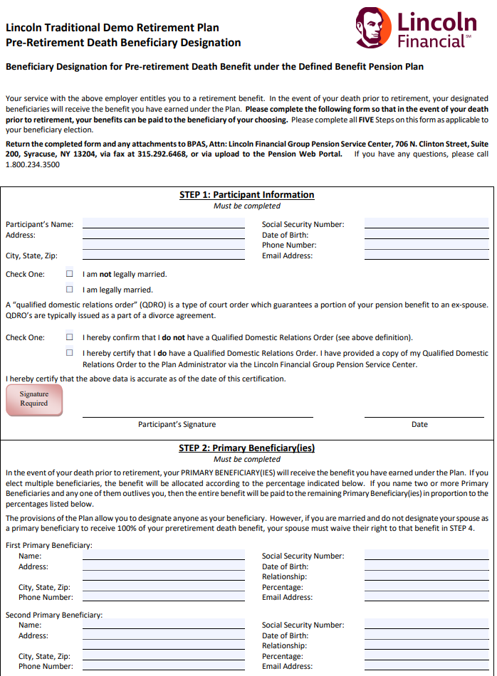 Here is a sample Pre-Retirement Death Beneficiary Designation.