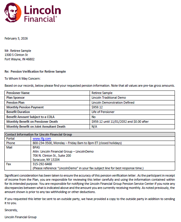 Here is a sample Pension Income Verification Letter output.